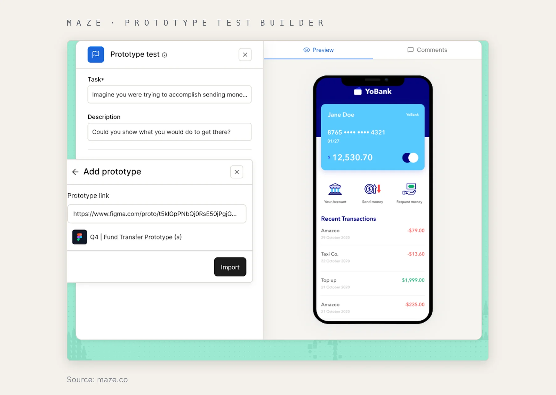 Maze prototype test builder with a task field, an Add prototype dialog for a Figma link and a mobile prototype preview