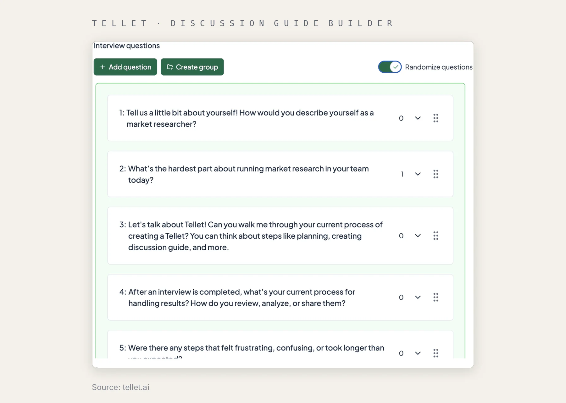 Tellet discussion guide builder with a list of interview questions and a randomise toggle