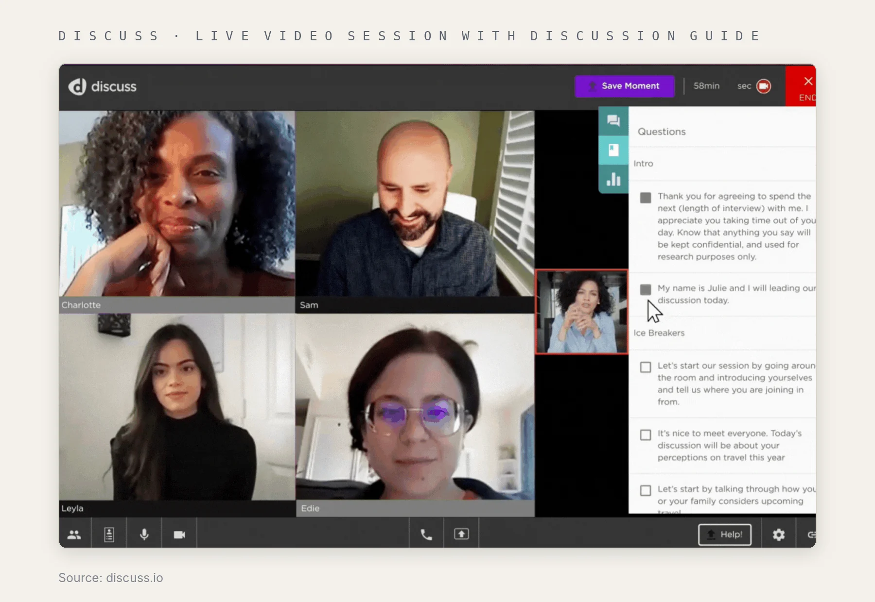 Discuss live video interview with four participants and the discussion guide alongside
