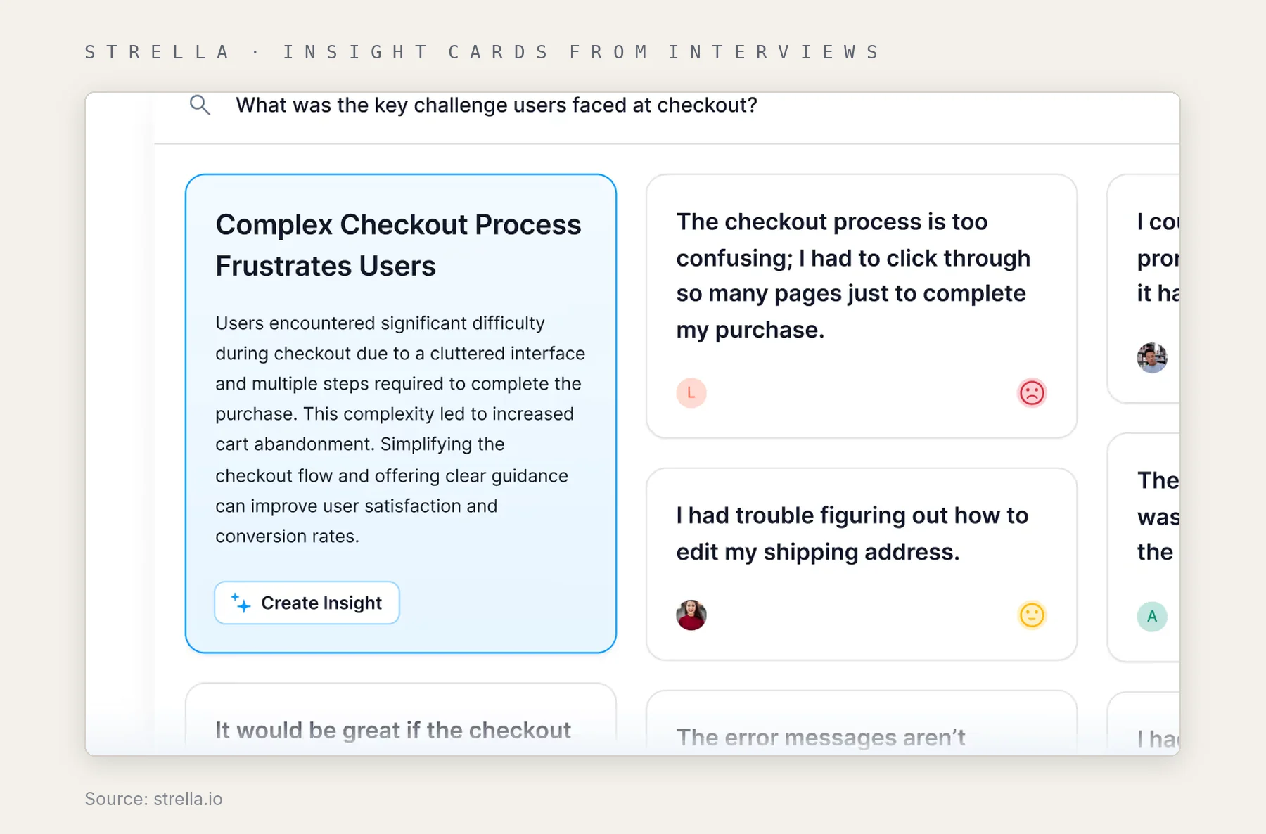 Strella insight cards built from interview answers about a checkout problem
