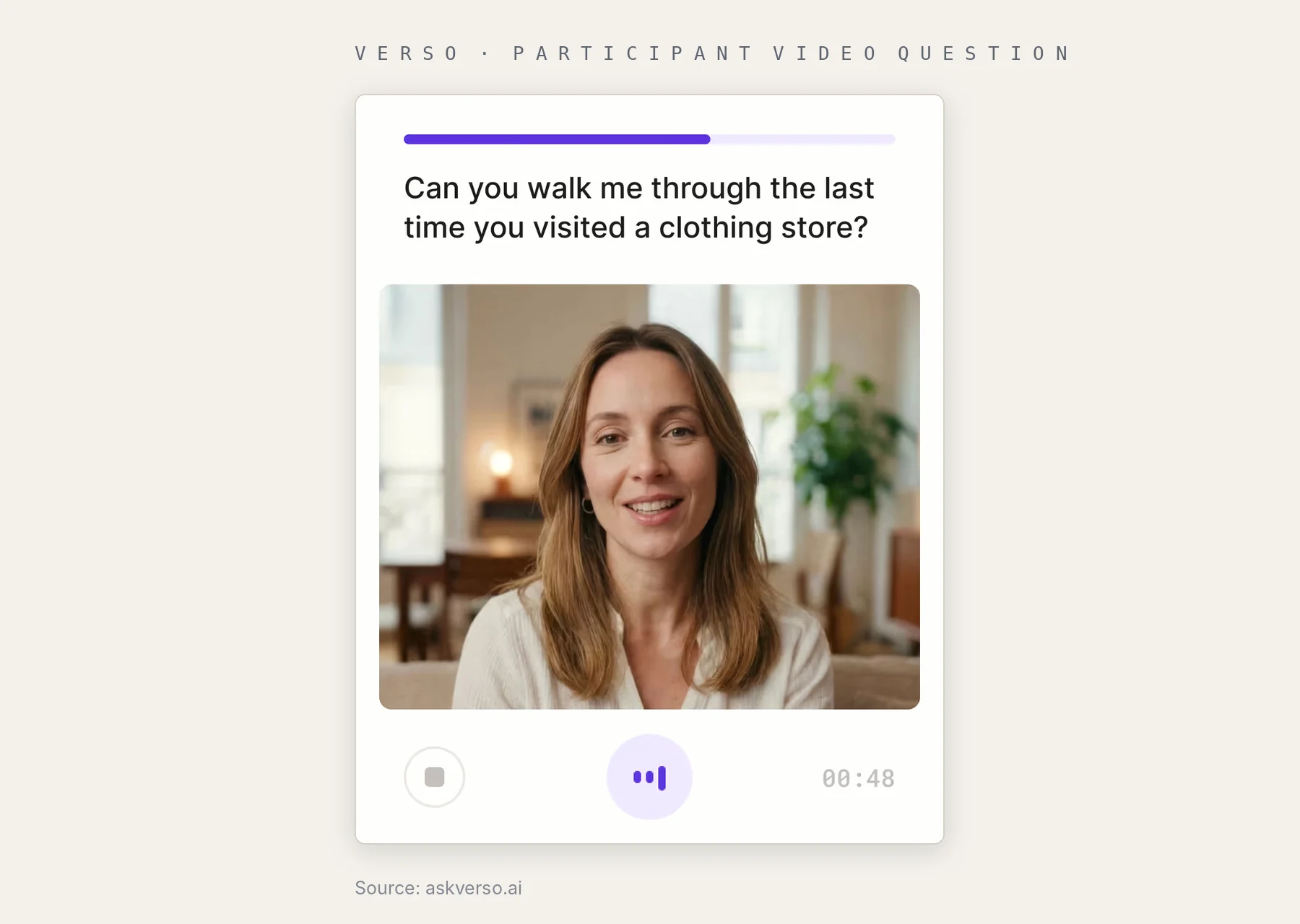 Verso participant screen with a video interview question about a recent clothing store visit