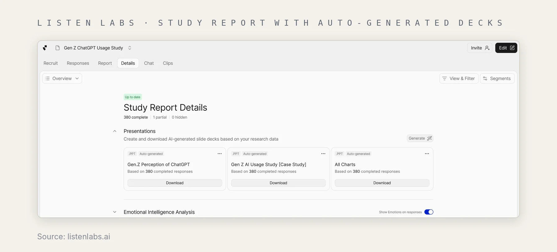 Listen Labs study report page with auto-generated slide decks ready to download