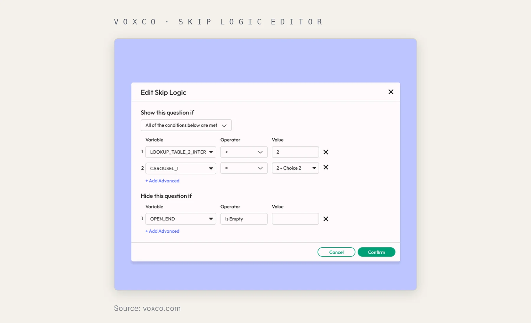Voxco survey skip logic editor with conditions to show and hide a question