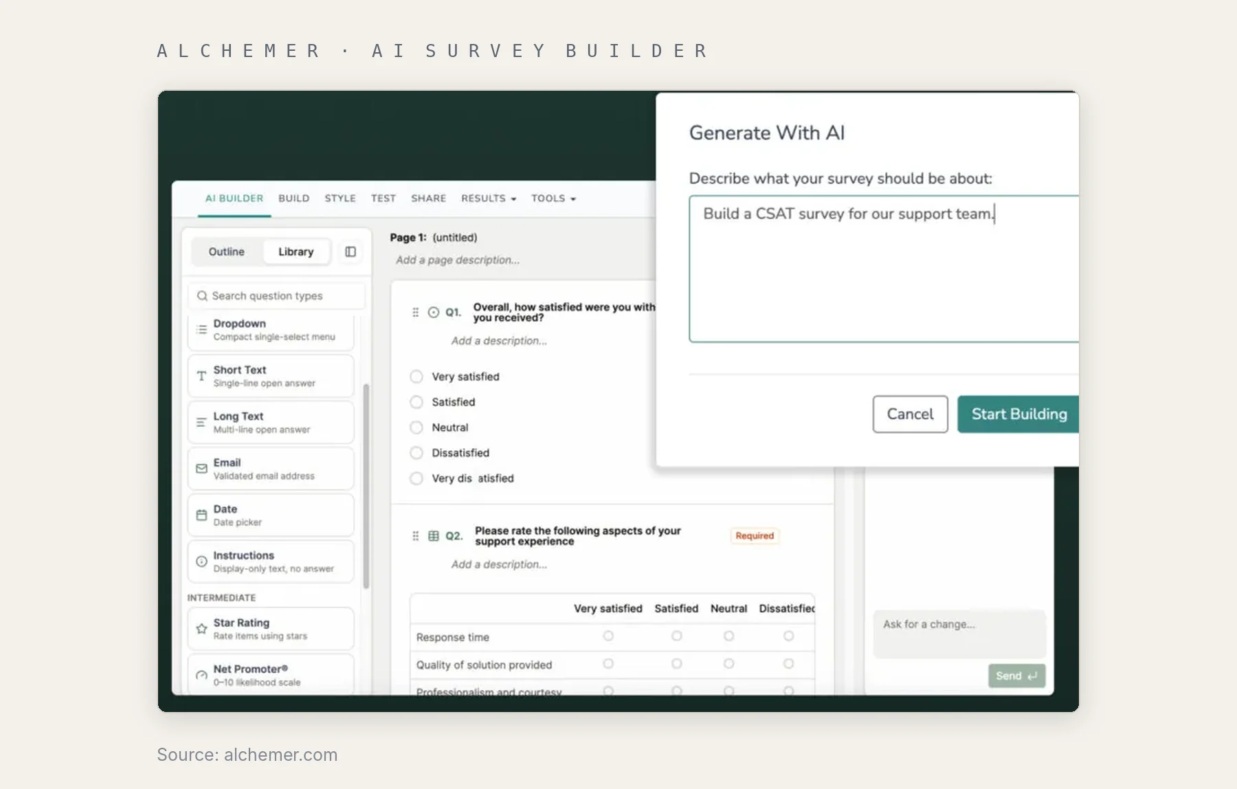 Alchemer AI survey builder generating a customer satisfaction survey from a short prompt