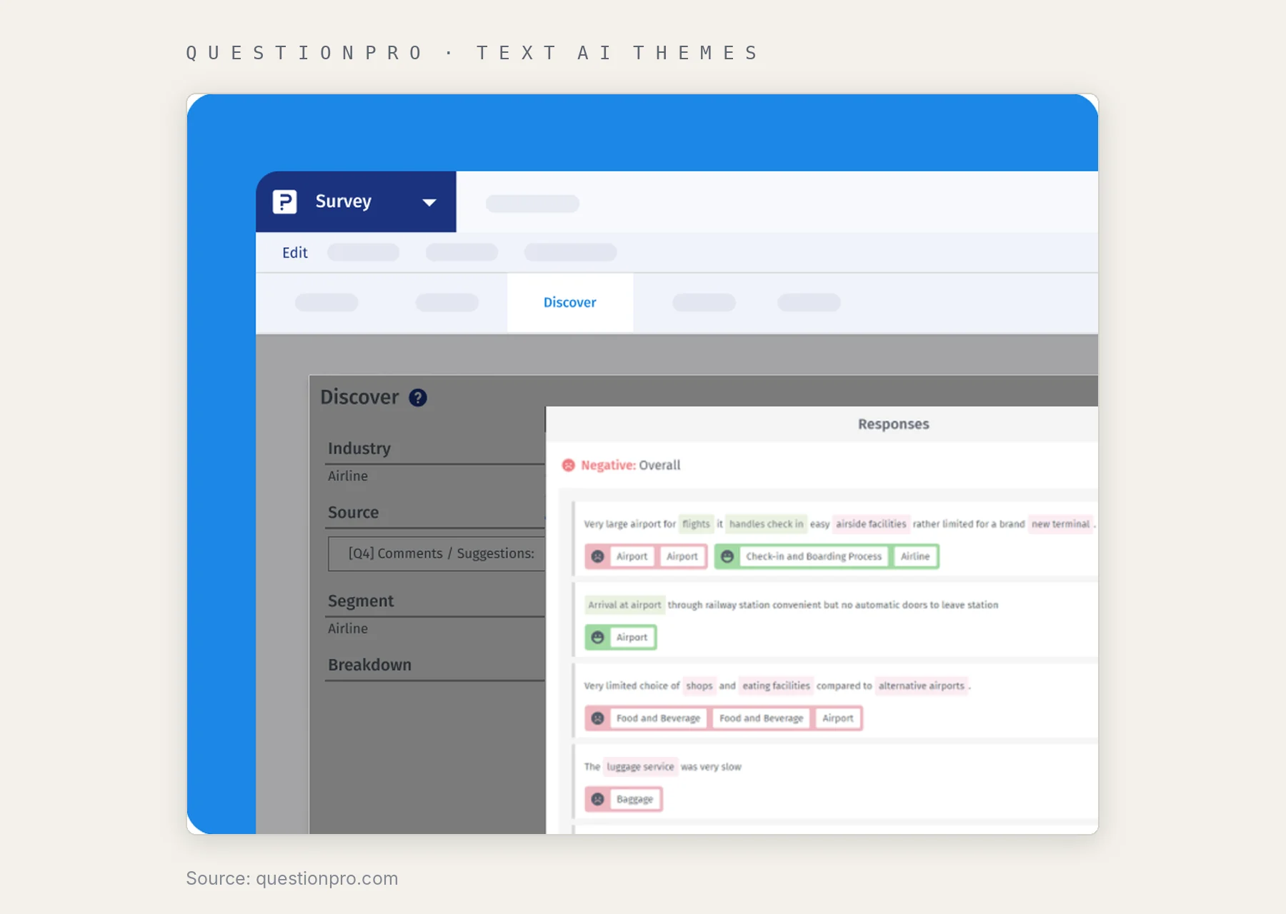 QuestionPro Text AI view with open-ended responses tagged by theme and sentiment