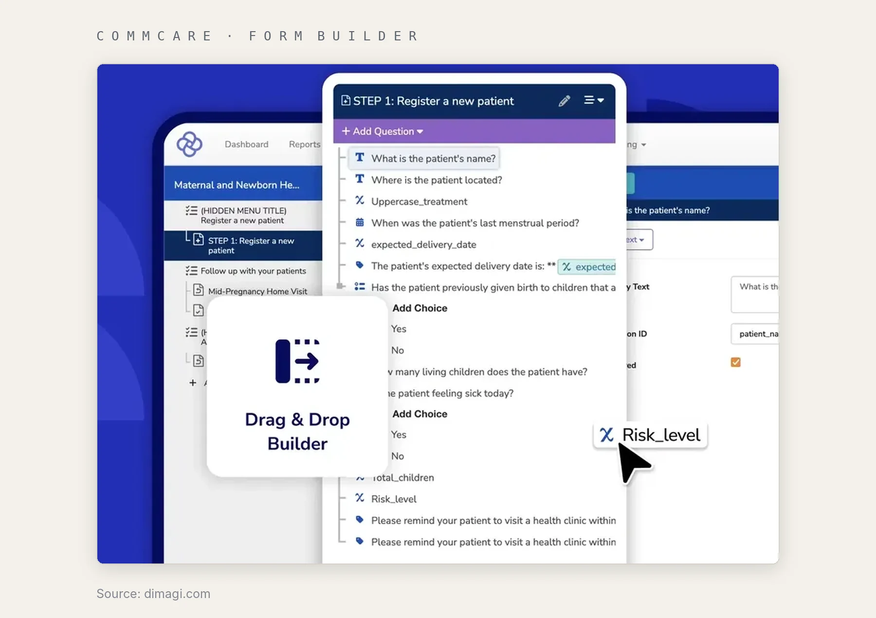 CommCare drag and drop form builder registering a new patient