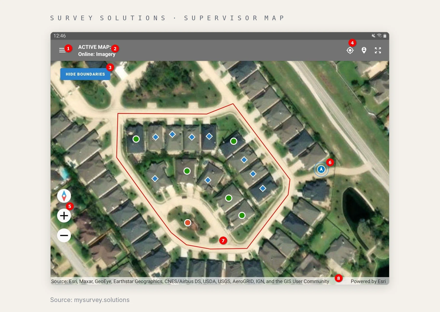 Survey Solutions supervisor map showing assigned interview locations inside a geofenced area