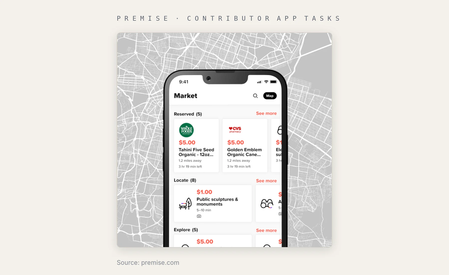 Premise contributor app showing paid photo and location tasks