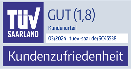 TÜV Saarland Siegel mit der Bewertung 'GUT (1,8)' für Kundenzufriedenheit. Das Kundenurteil stammt aus 03/2024, mit einem Link zur Zertifikatsseite tuev-saar.de/SC45538.