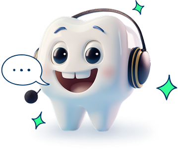 Fröhlicher, animierter Zahn mit Headset und Sprechblase – symbolisiert telefonische Beratung und Kundenservice