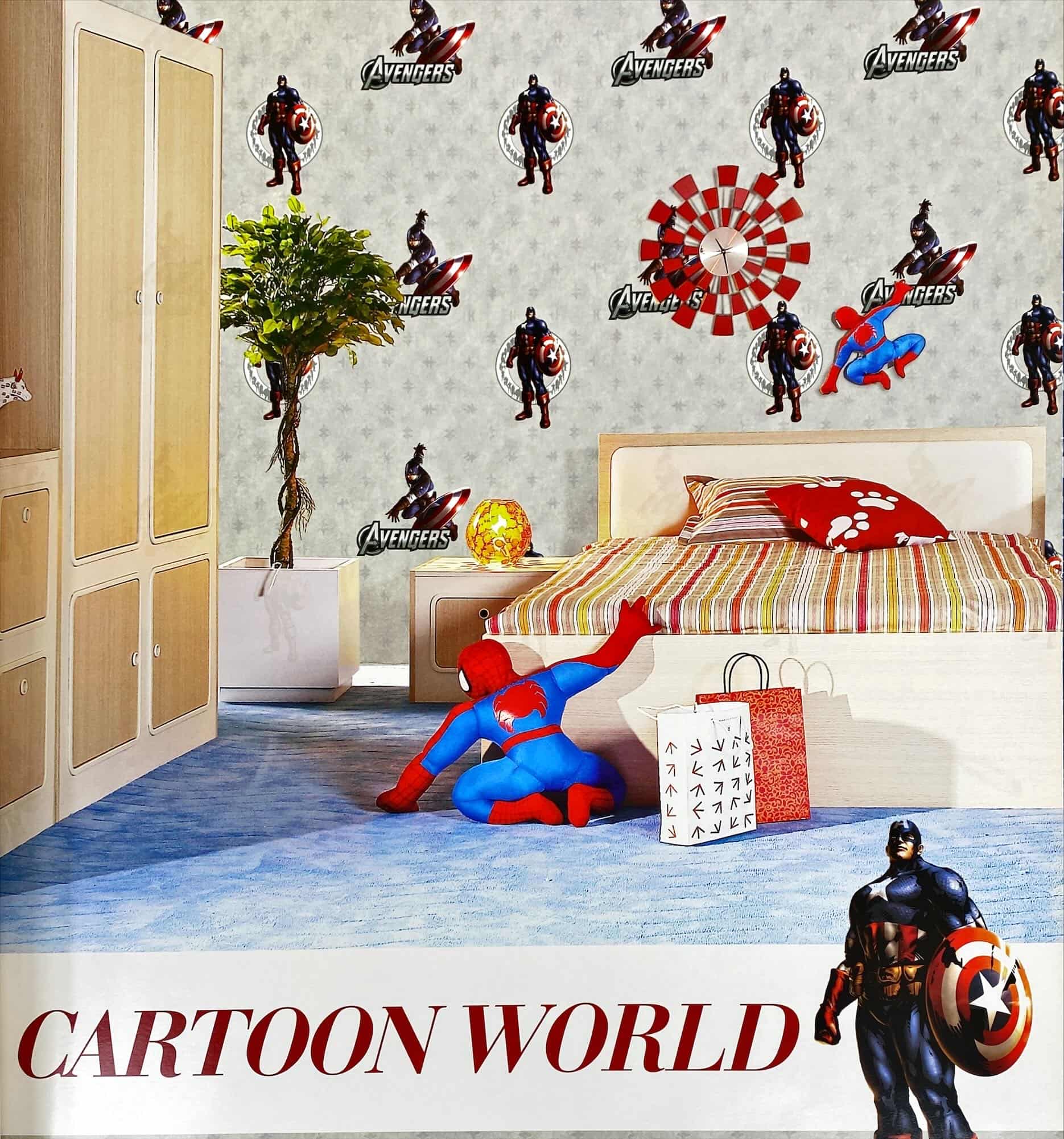 Character Captain America from movie Avengers in wall covering pattern in a room