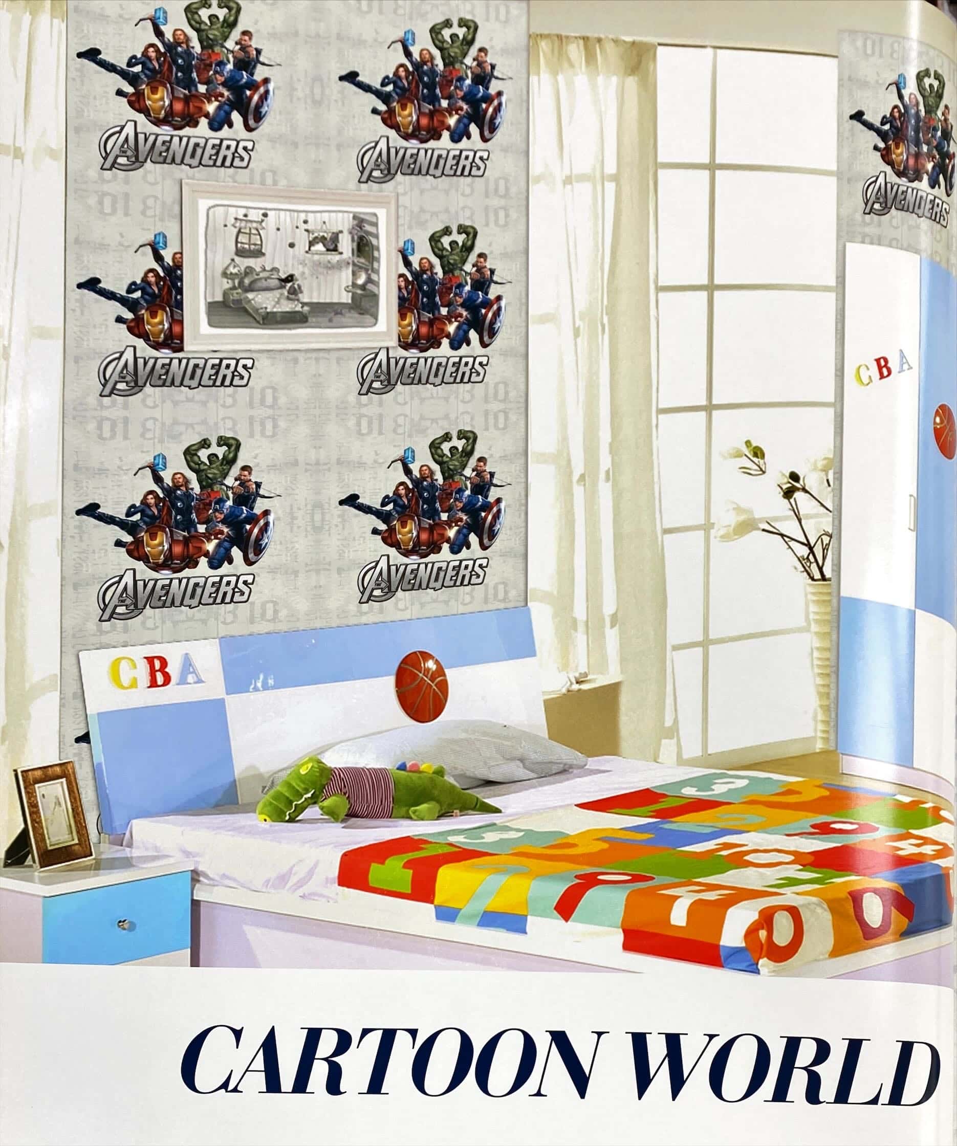 Characters from movie Avengers in wall covering pattern in a room