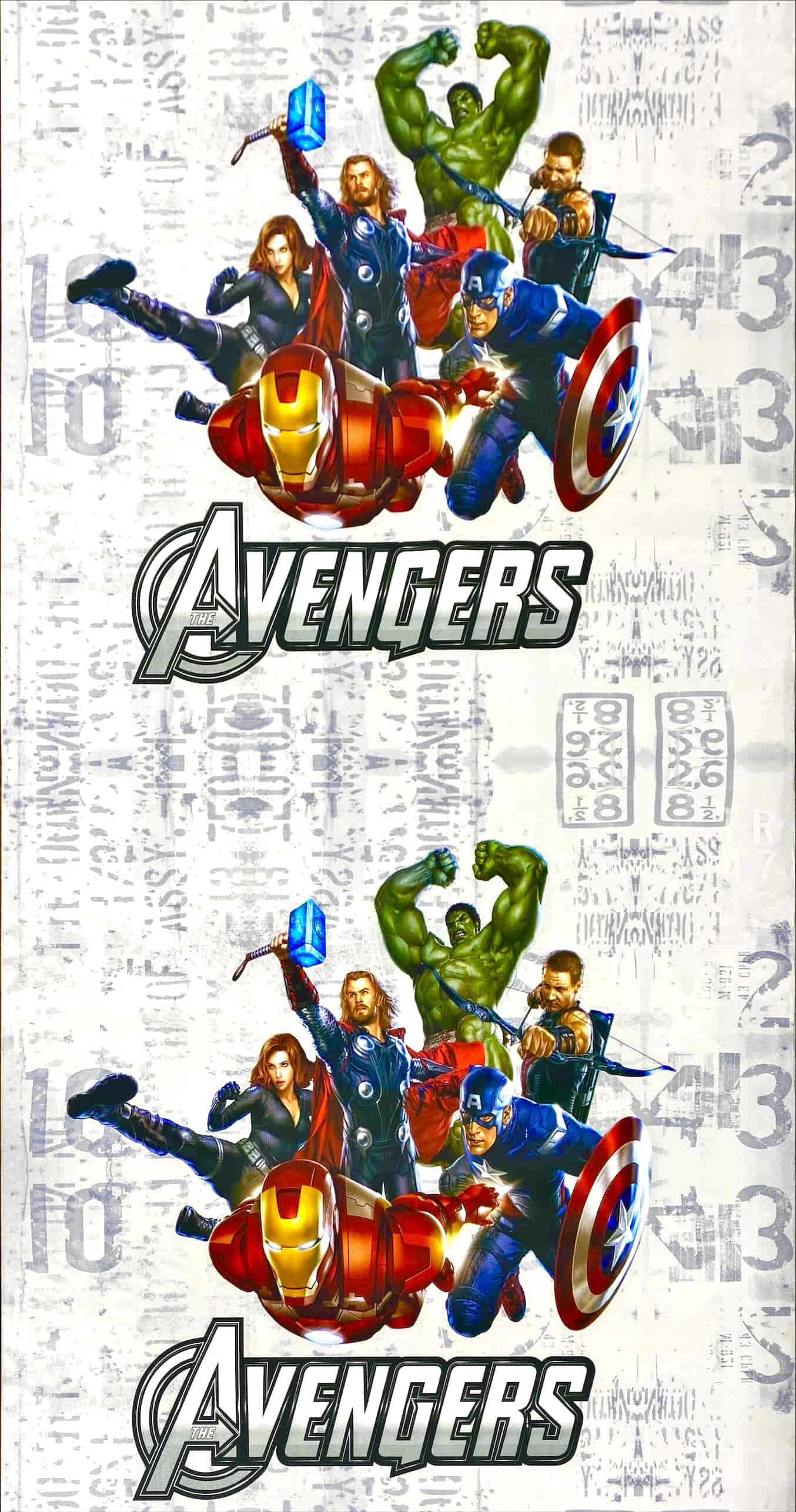 Characters from movie Avengers in wall covering pattern in a room