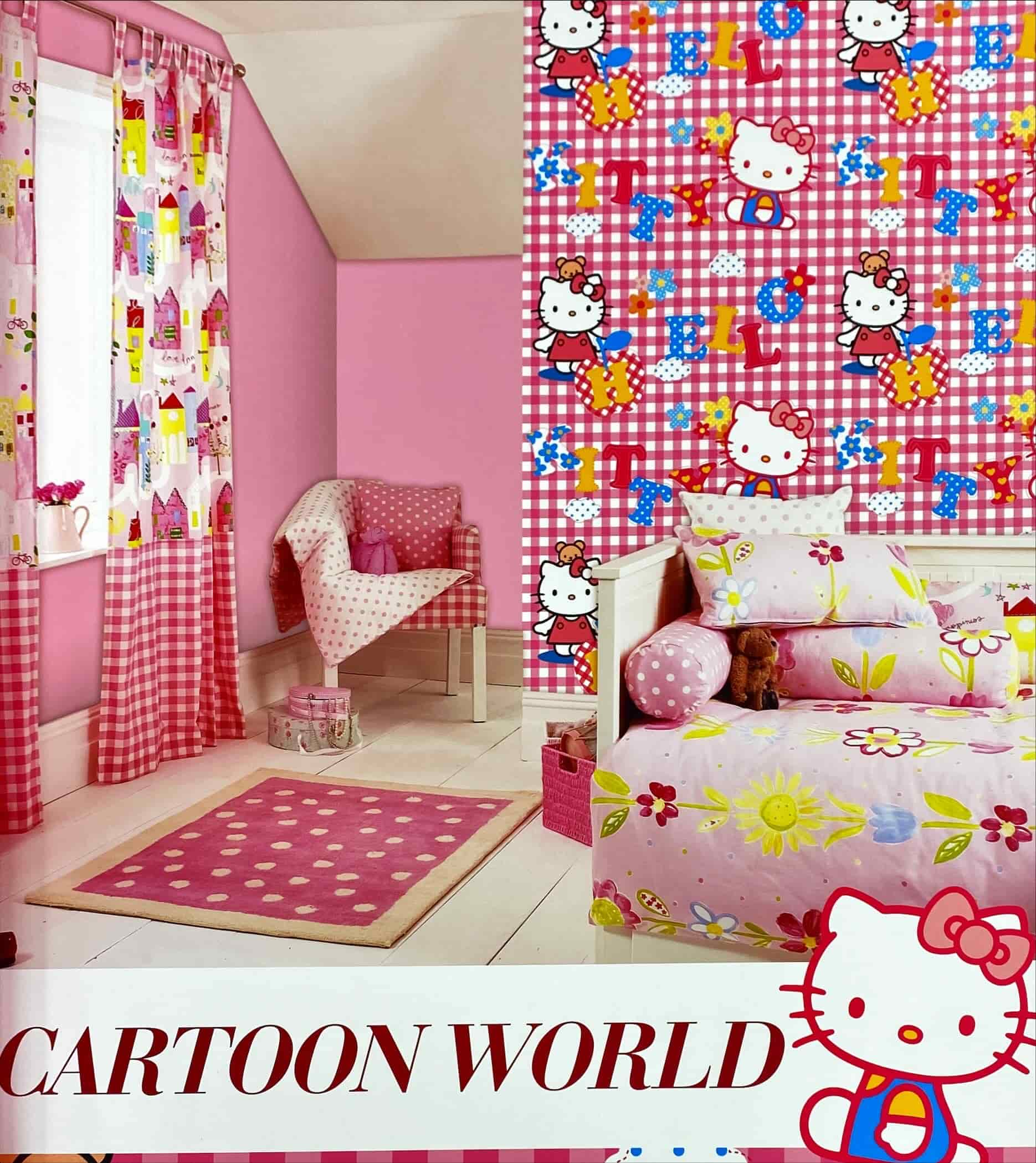 Character Hello Kitty in wall covering pattern in a room