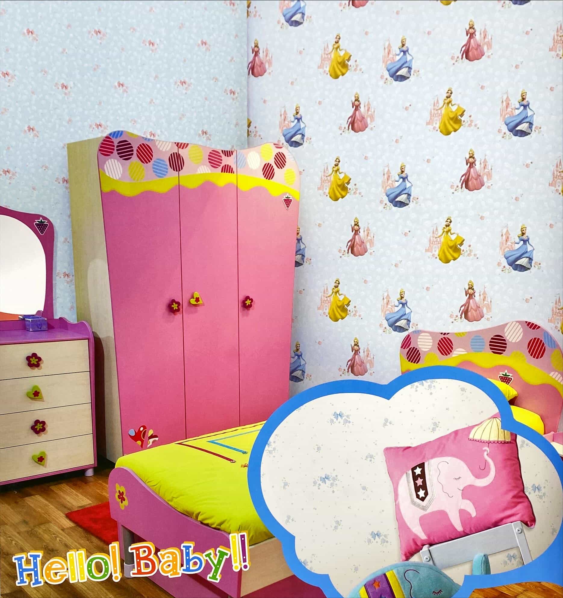Disney characters in wall covering pattern in a room