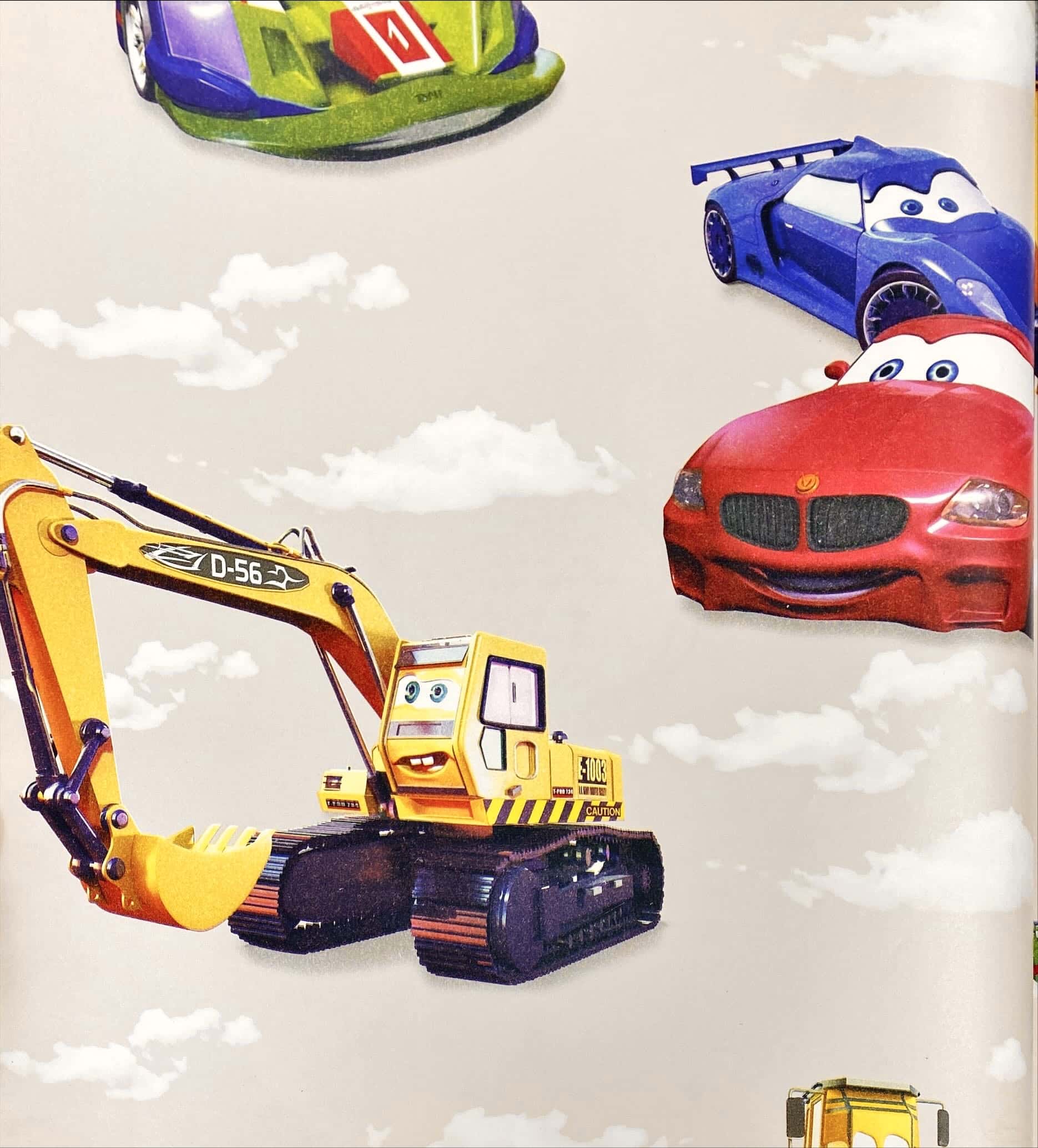 Toy car characters in wall covering pattern