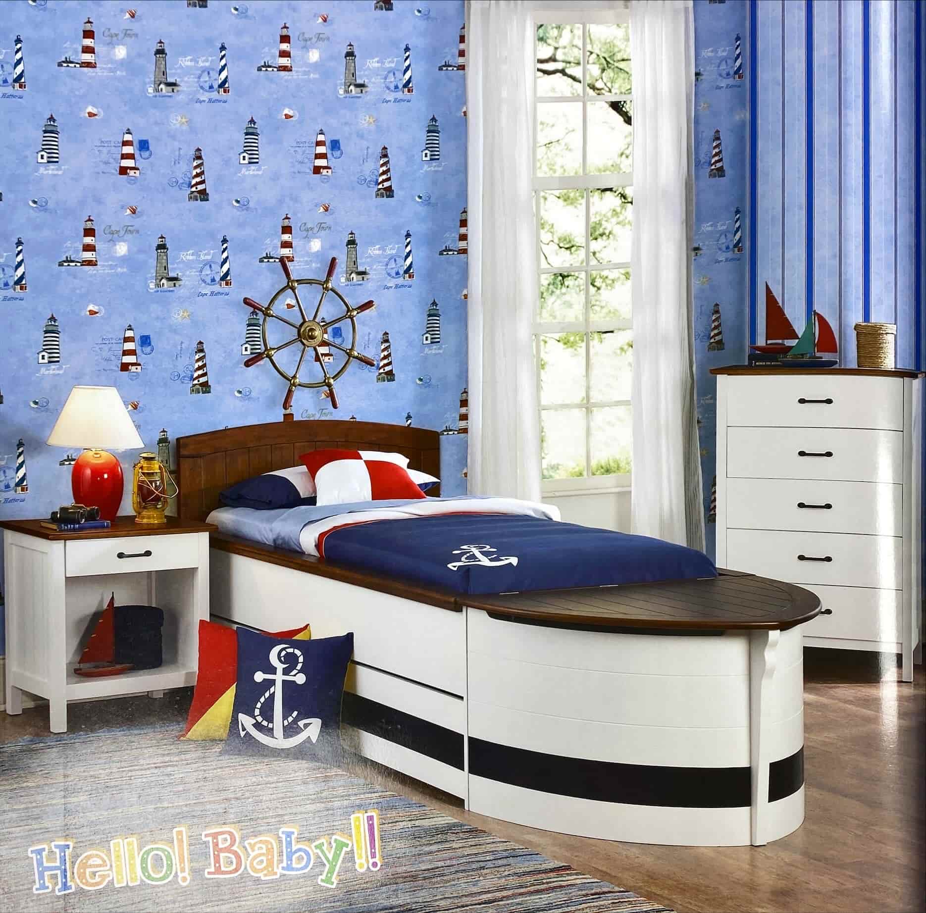 Lighthouse illustration pattern in wall covering in a room