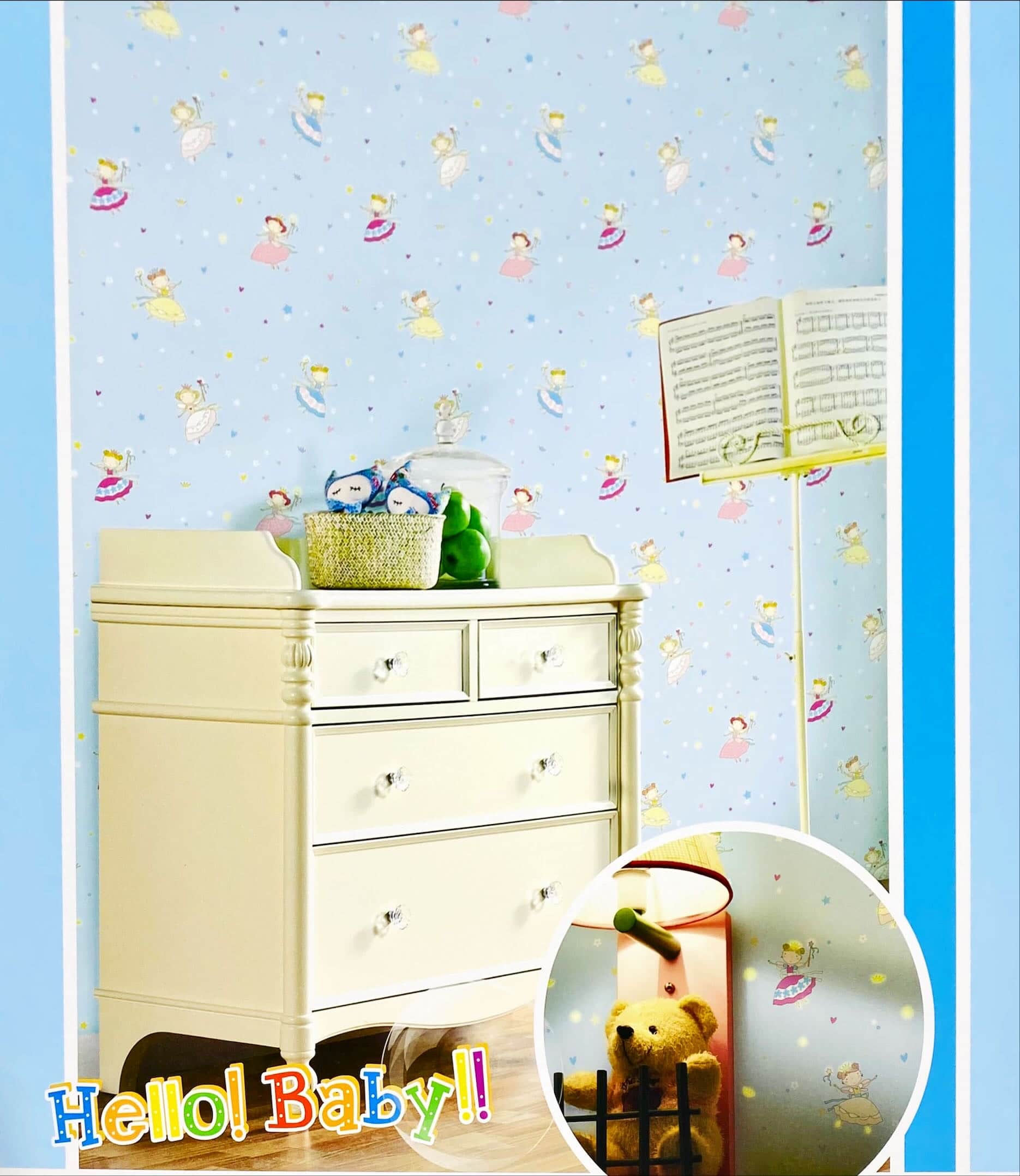 Fairy characters pattern in wall covering in a room