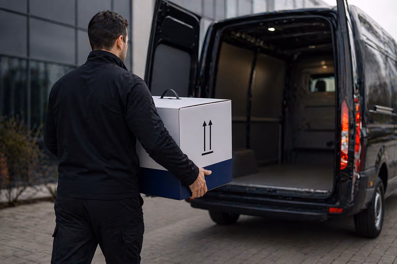 Esus Logistics - Mann trägt Kühlbox in den Transporter