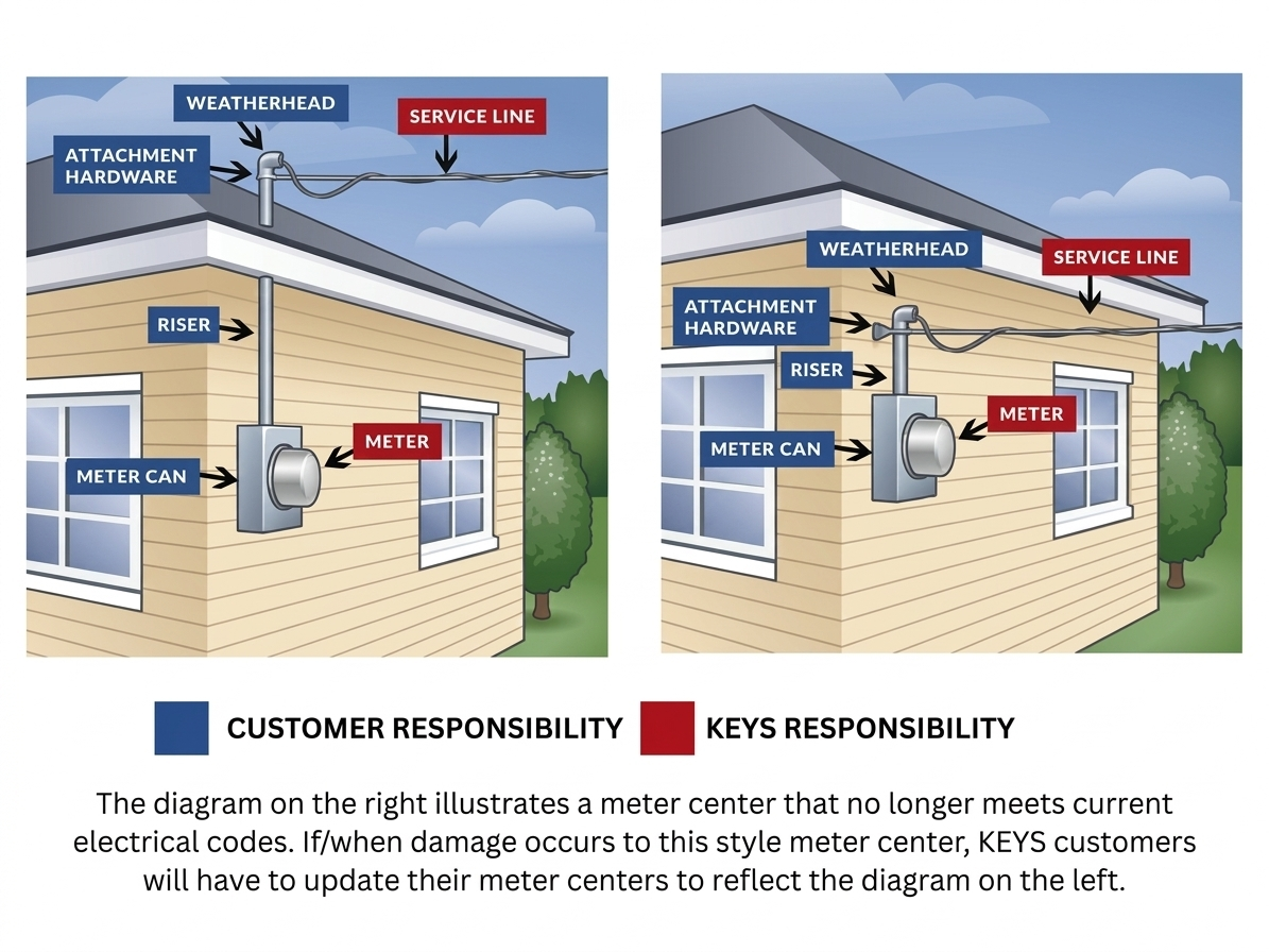 Diagram showing updated meter center with clear labels for weatherhead, service line, attachment hardware, riser, meter can, and meter, distinguishing customer and KEYS responsibilities.