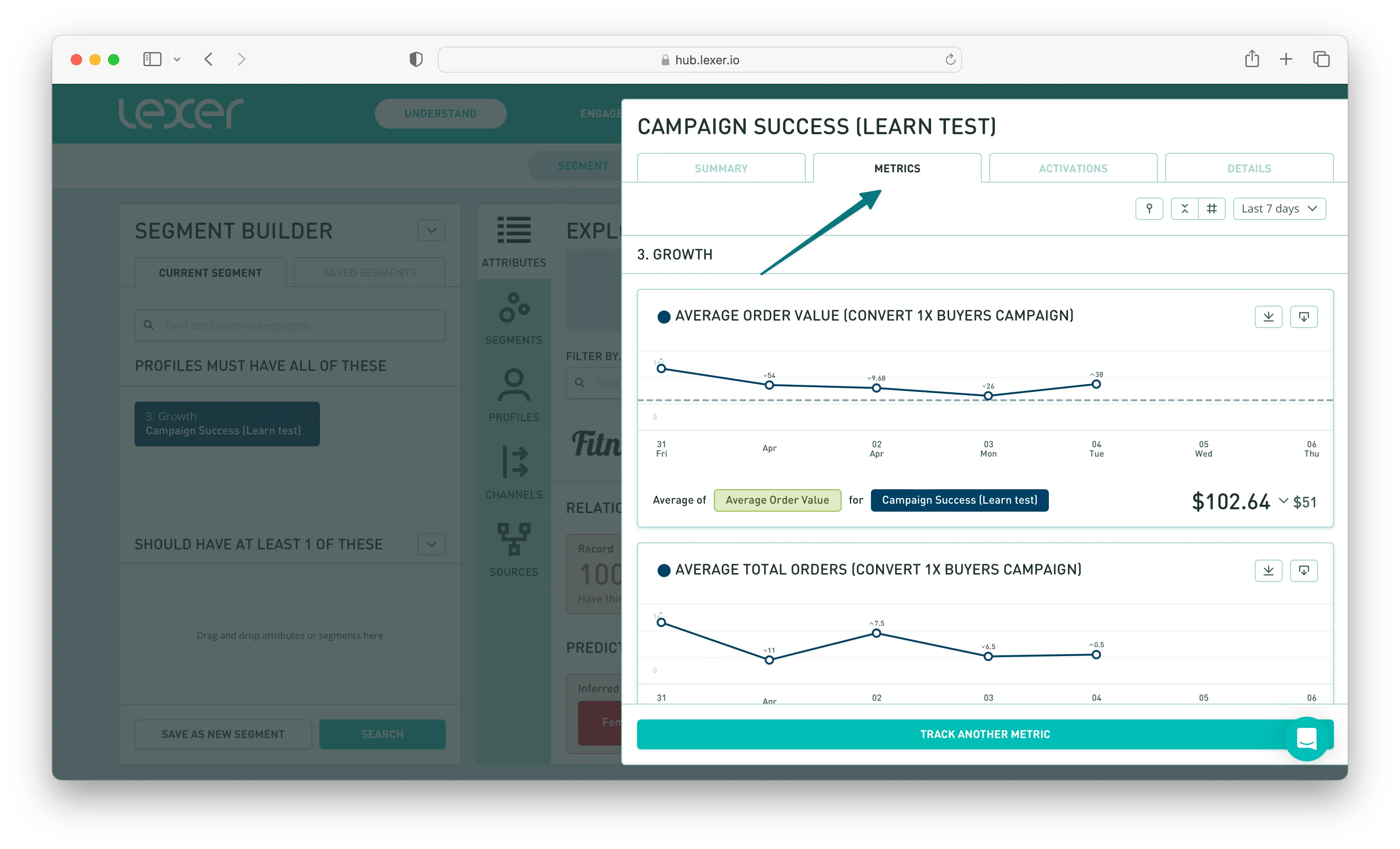 Metrics tab on a saved segment