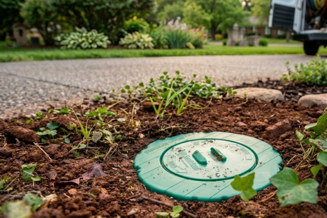 Termite bait station installed in soil around a home