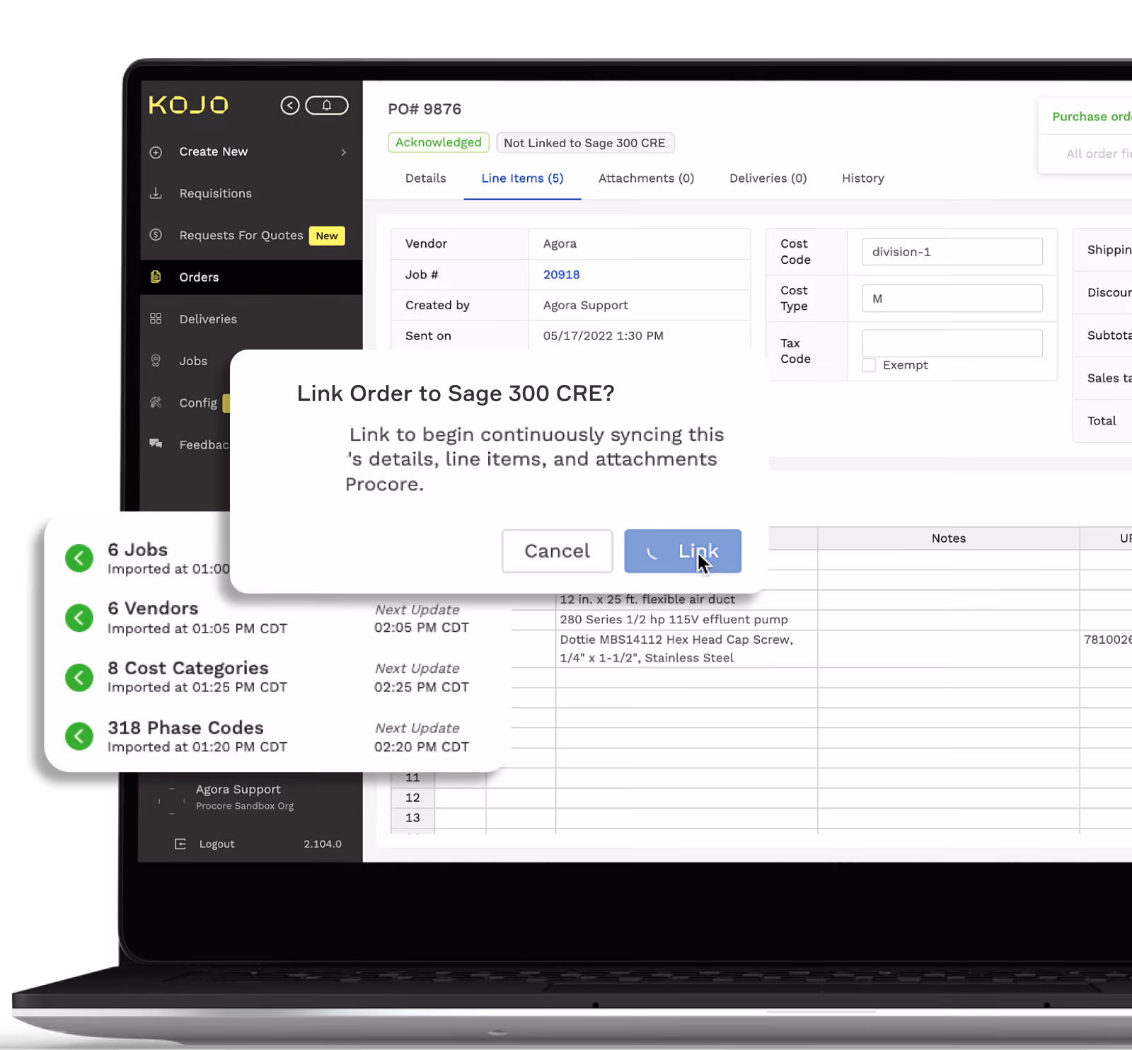 A laptop showing your Kojo data being linked to Sage 300 CRE
