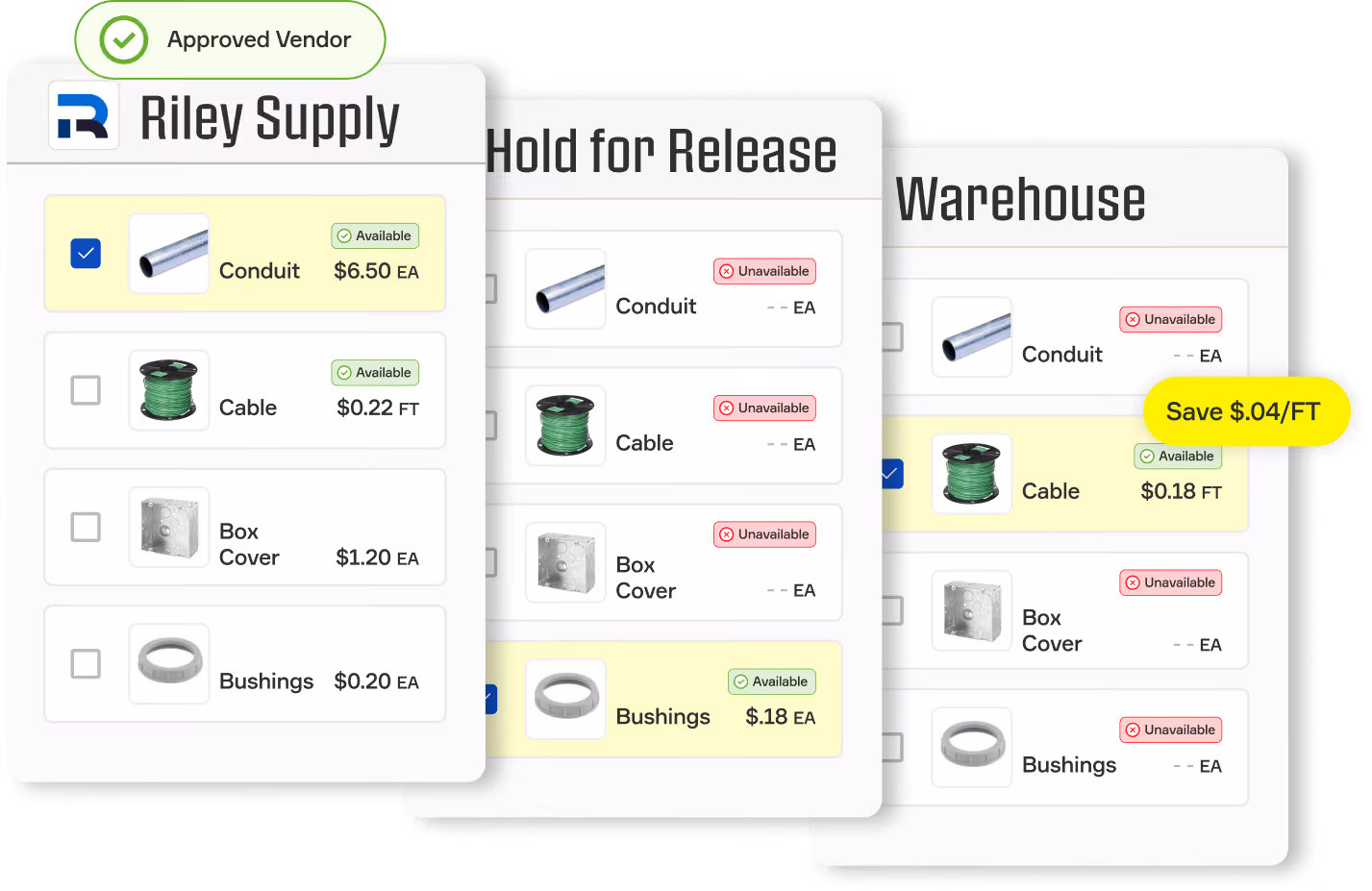 Kojo comparing material availability and pricing across multiple vendors to identify the best sourcing option.