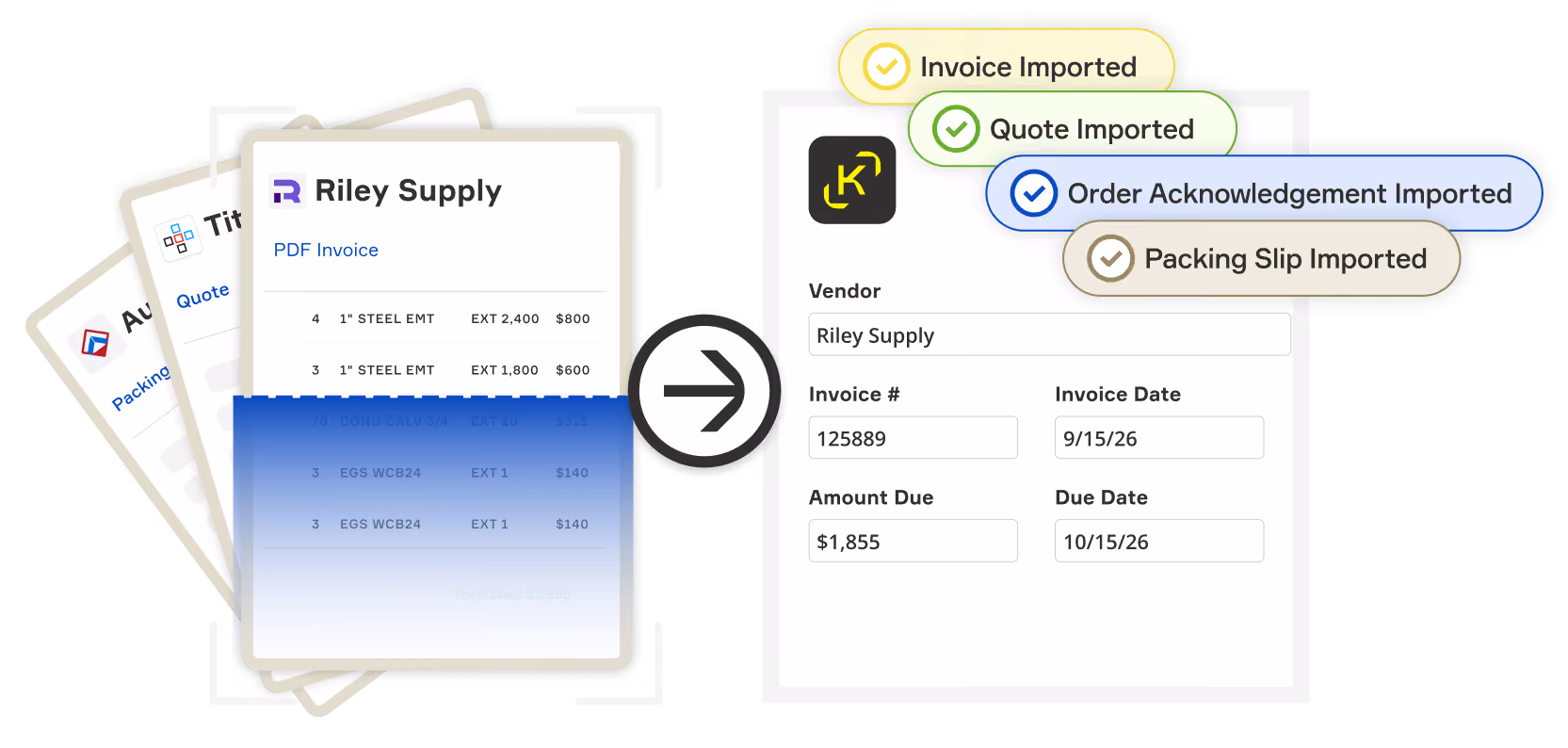 Kojo importing invoices, quotes, order acknowledgements, and packing slips to map delivery and invoice details automatically.