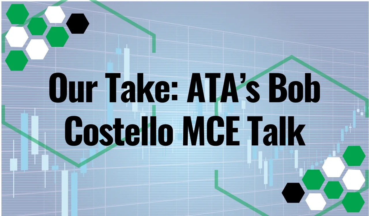 A graphic showing a shrinking blue bar labeled "Trucking Capacity" next to a steady gray bar labeled "Freight Demand," illustrating Bob Costello's point that supply reduction is necessary, assisted by quick-response services from a mobile mechanic.