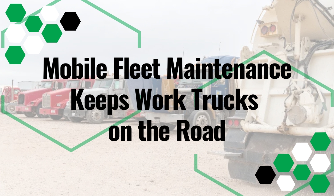 Fleet services with heavy-duty trucks and vacuum units lined up in a gravel repair yard.