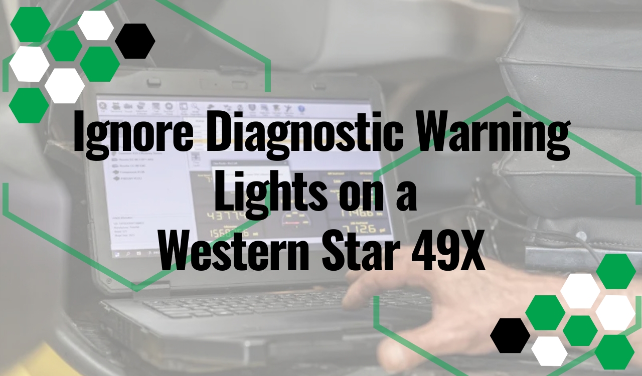 Technician checking warning lights on a Western Star 49X using diagnostic software on a laptop inside the cab.