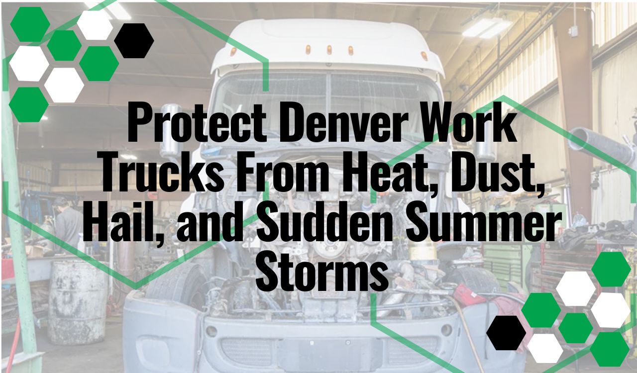 Denver work truck undergoing heavy-duty engine repair with the hood removed and engine components exposed.
