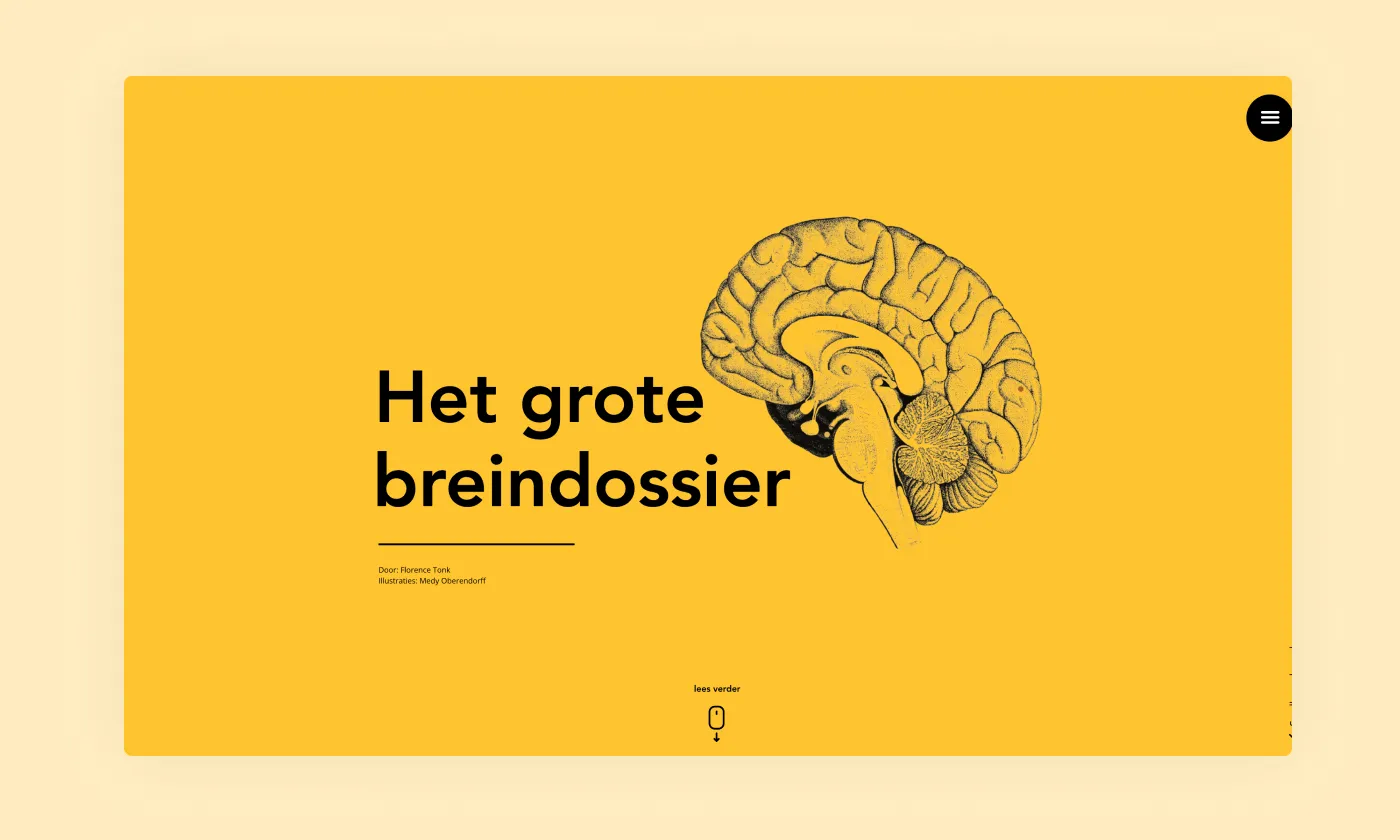 This feature highlight combines hover actions, scrolling animations and sticky elements to explain the brain.