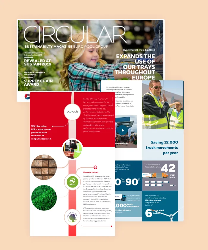 In their first 'Circular' online magazine, Euro Pool uses custom infographics and animations to display their achievements on how they provide circular alternatives for single use cardboard packing or single use pallets in European supply chains.
