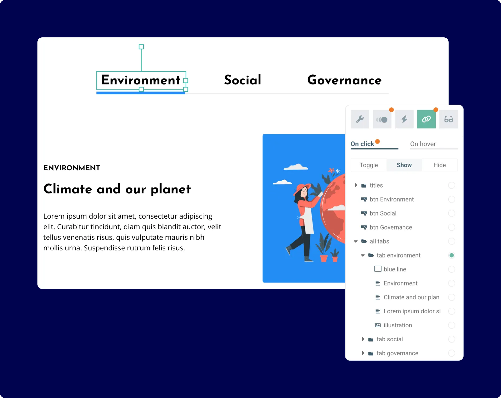 A screenshot of the demo page and UI that shows how forced states work