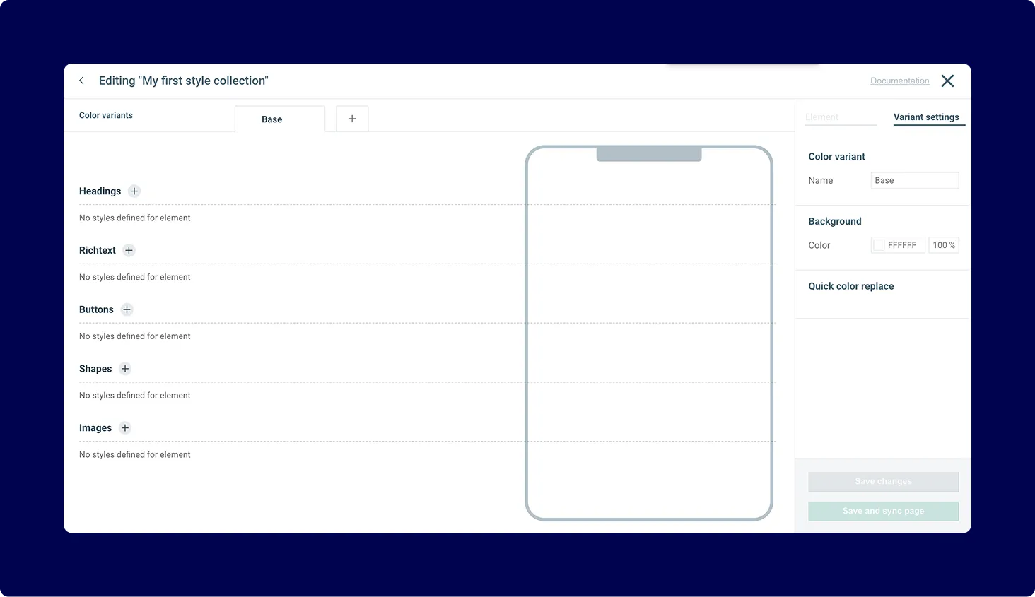 Screenshot of an empty style collection