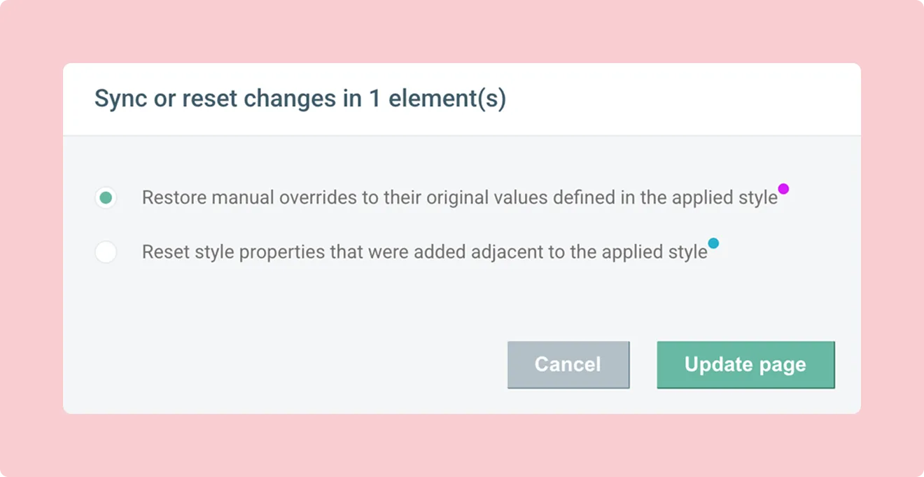 Screenshot of the sync and reset pop-up
