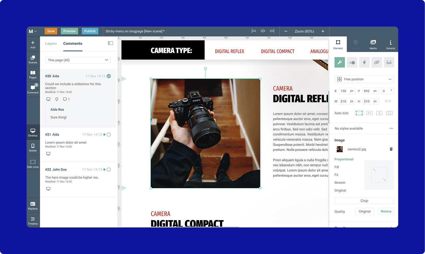 Screenshot of resolving comments in the Pro editor