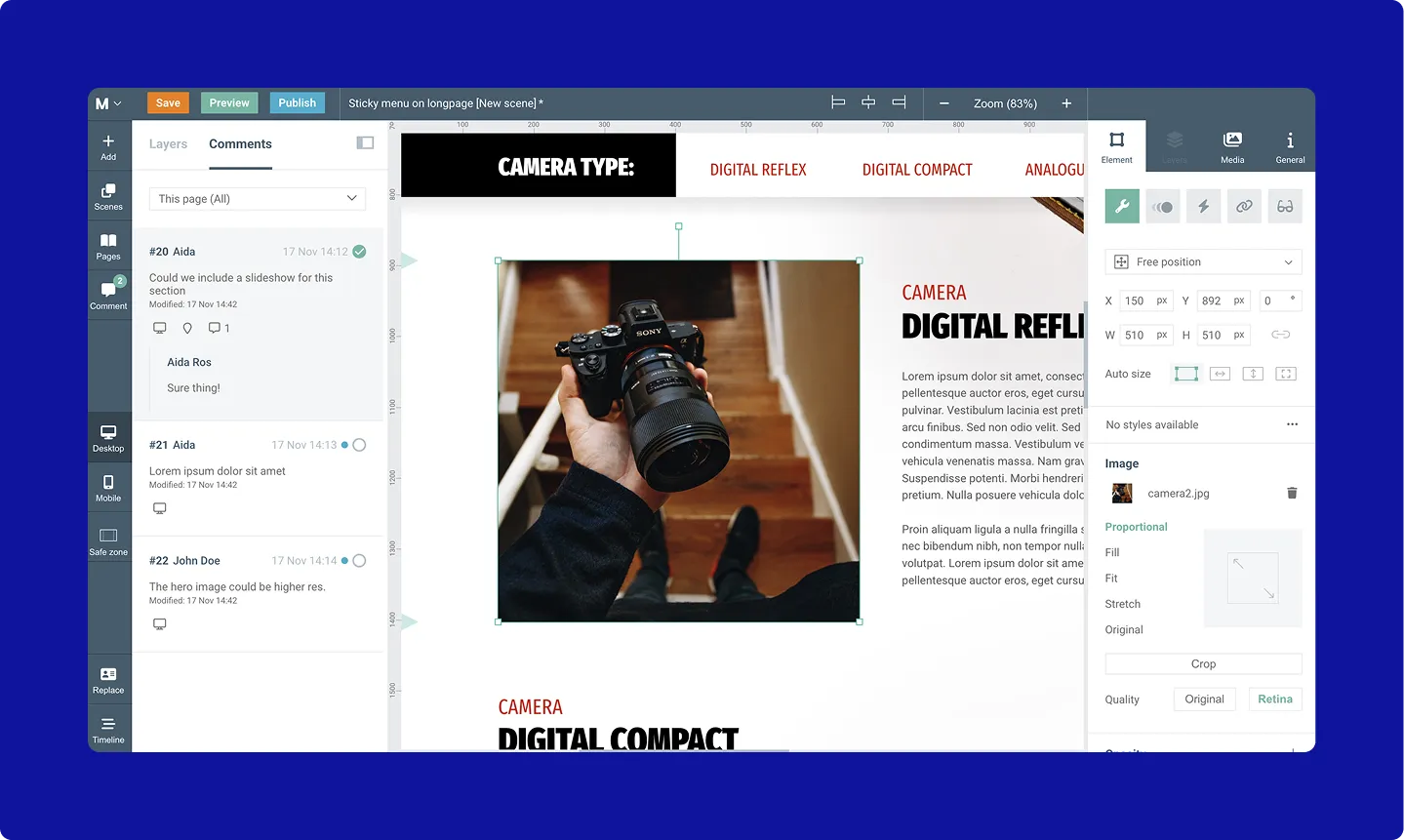 Screenshot of resolving comments in the Pro editor