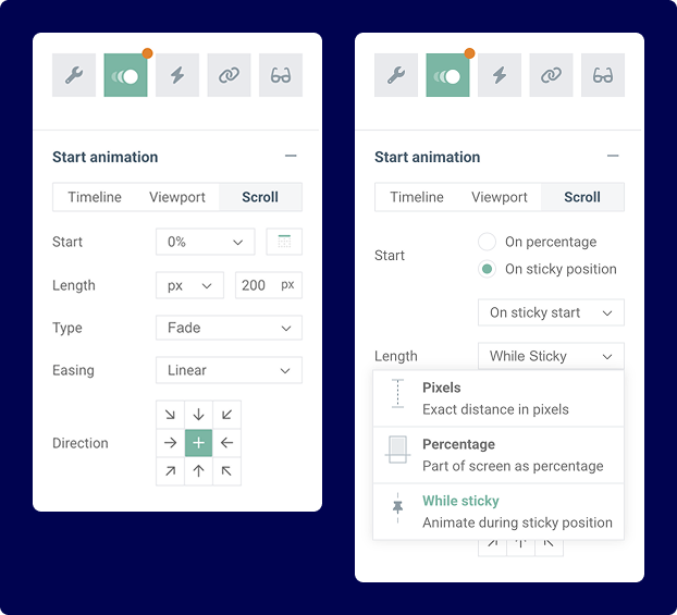 Screenshots of the animation panel