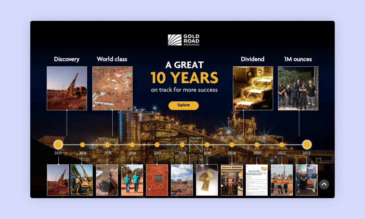 This interactive history book, created by Purple, showcases Gold Road's evolution from an explorer to a mid-tier gold producer.