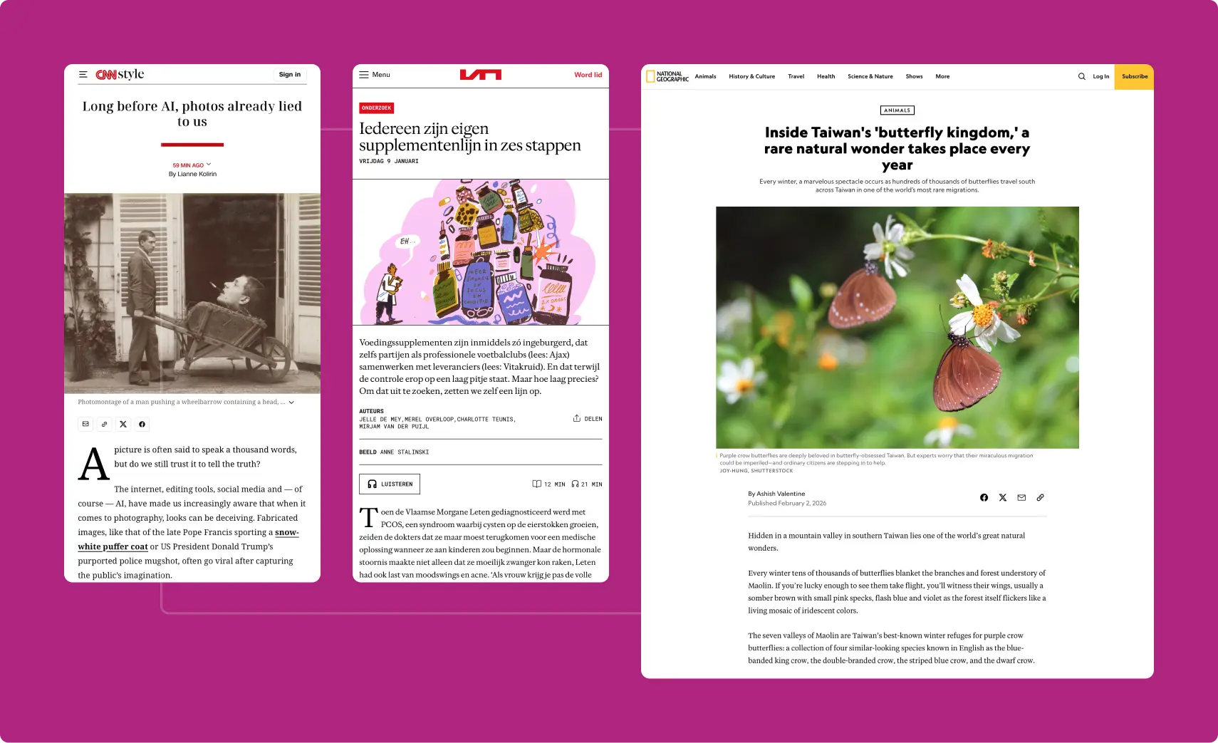 Three screenshots of a traditional article format 