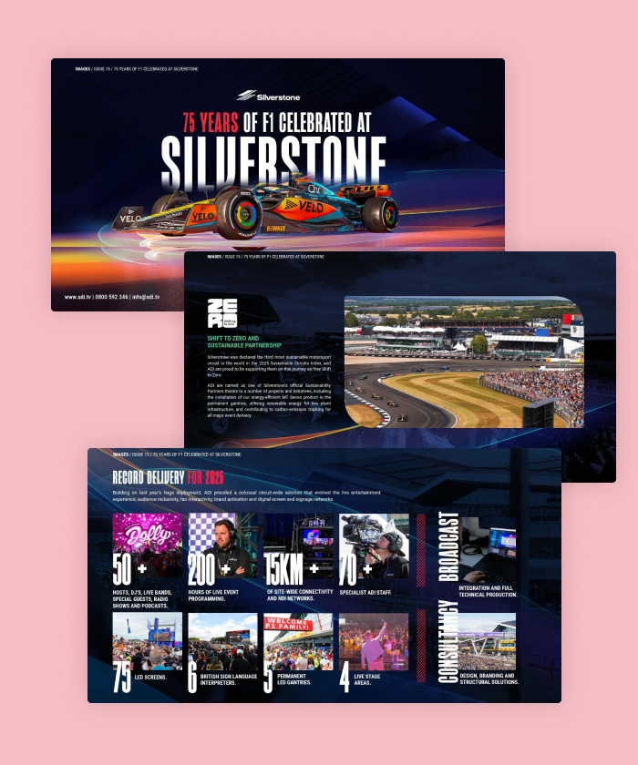 This digital publication celebrates the 75th anniversary of F1 at Silverstone, highlighting ADI's record-breaking event infrastructure and fan experiences.