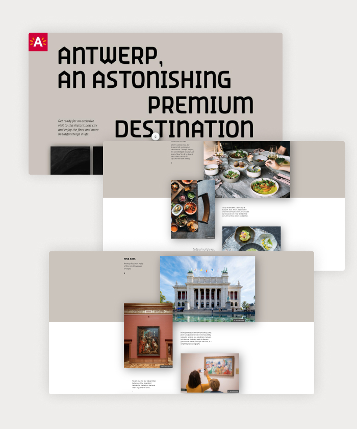 This digital magazine showcases Antwerp as a high-end travel destination, highlighting luxury shopping, culinary excellence, and world-class art and museums.