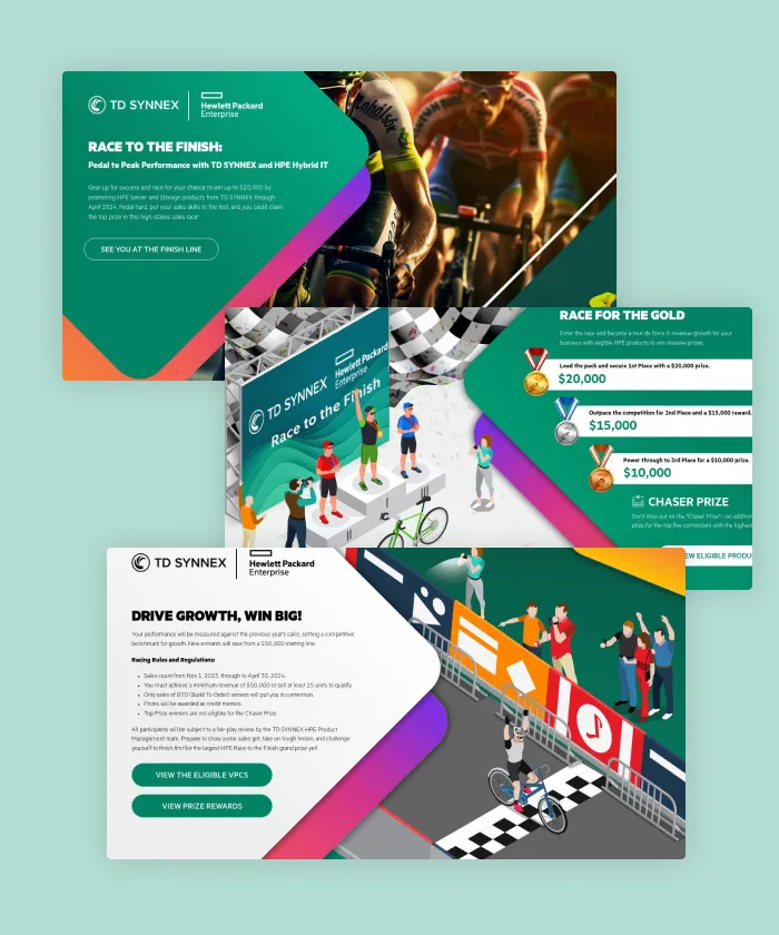 This interactive brochure details the 'Race to the Finish' incentive campaign for the first half of 2024, rewarding partners for driving TD SYNNEX and HPE sales.