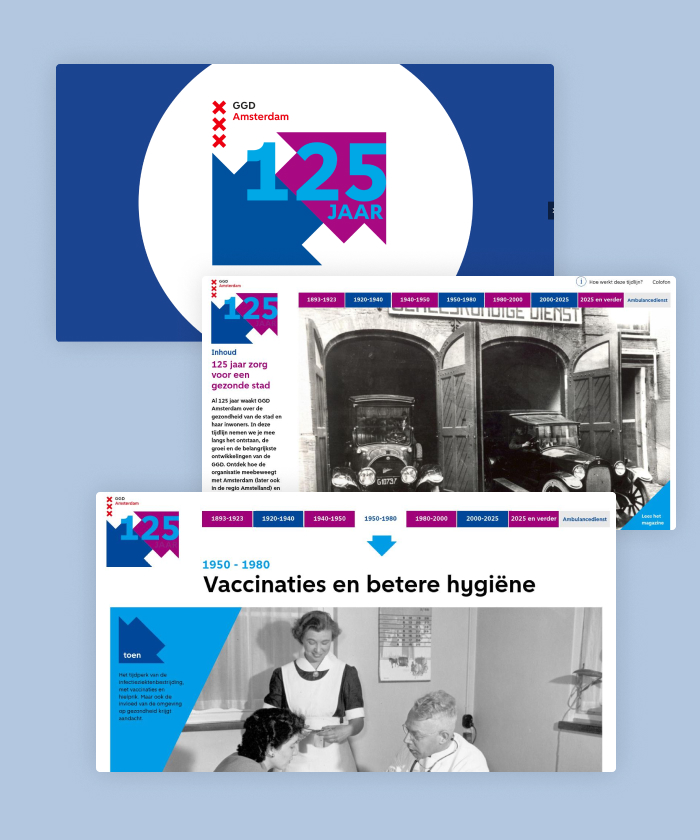This interactive timeline, created by Vorm de Stad, celebrates 125 years of GGD Amsterdam, tracing the city's public health journey from 1893 to today and beyond.