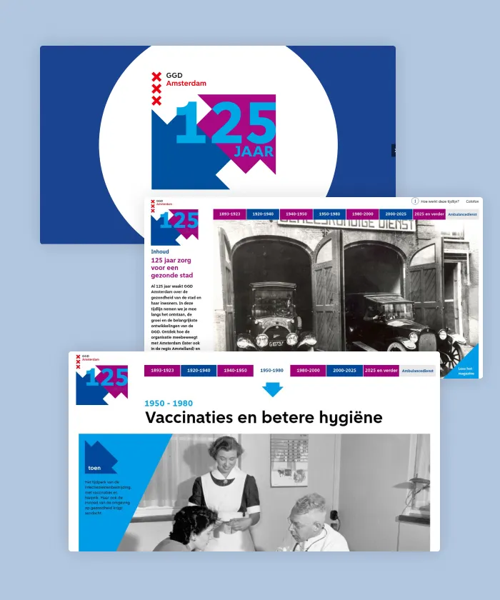 This interactive timeline, created by Vorm de Stad, celebrates 125 years of GGD Amsterdam, tracing the city's public health journey from 1893 to today and beyond.