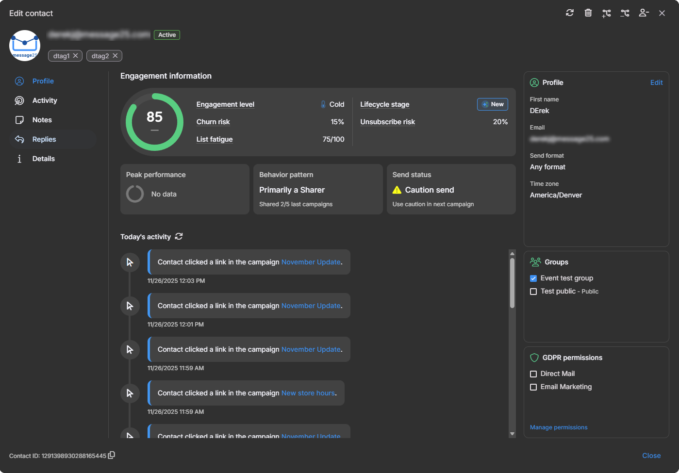 Tarvent contact editor showing engagement panel with score, lifecycle stage, and recent interactions, alongside profile and groups.