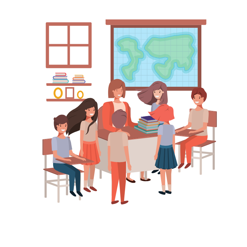 Illustration of homeschool families gathered around a classroom table